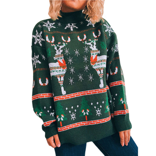 Green Christma Tree Deer Snowflake Print Knit Pullover TQK271415-9