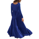 Blue O Neck Pleated Swing Long Sleeve Maxi Dress TQK311199-5