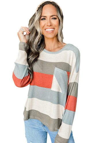 Red Striped Colorblock Ribbed Knit Top with Pocket LC25115134-3