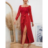 Red Lace Long Sleeve Split Wide Leg Jumpsuit TQK550323-3