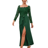 Green Lace Long Sleeve Split Wide Leg Jumpsuit TQK550323-9