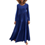 Blue O Neck Pleated Swing Long Sleeve Maxi Dress TQK311199-5