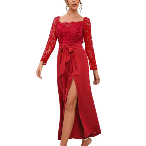Red Lace Long Sleeve Split Wide Leg Jumpsuit TQK550323-3