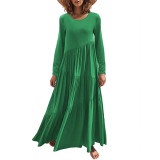 Green O Neck Pleated Swing Long Sleeve Maxi Dress TQK311199-9