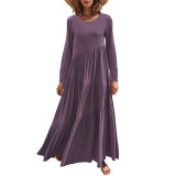 Purple O Neck Pleated Swing Long Sleeve Maxi Dress TQK311199-8