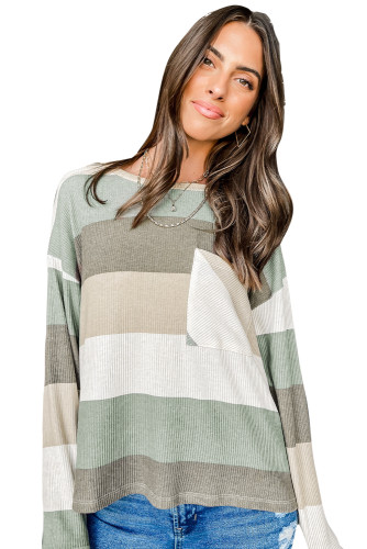 Green Color Block Ribbed Long Sleeve Top with Pocket LC25115134-9