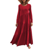 Red O Neck Pleated Swing Long Sleeve Maxi Dress TQK311199-3