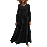 Black O Neck Pleated Swing Long Sleeve Maxi Dress TQK311199-2