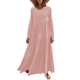 Pink O Neck Pleated Swing Long Sleeve Maxi Dress TQK311199-10