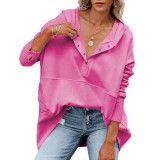 Pink Ribbed Button Neckline Bat Sleeve Oversize Hoodie TQV230002-10