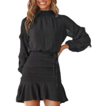 Black Long Sleeve Blouse and A-line Pleated Skirt Set TQF711038-2