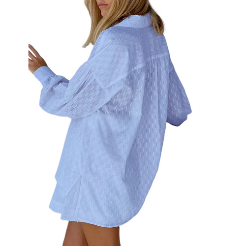Blue Hollow-out Jacquard Long Sleeve Shirt with Shorts Set TQF711040-5