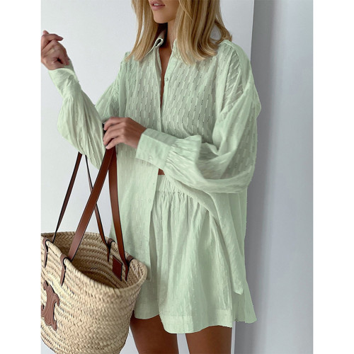 Green Hollow-out Jacquard Long Sleeve Shirt with Shorts Set TQF711040-9