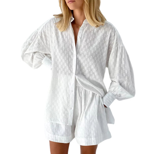 White Hollow-out Jacquard Long Sleeve Shirt with Shorts Set TQF711040-1