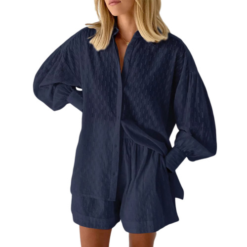 Navy Blue Hollow-out Jacquard Long Sleeve Shirt with Shorts Set TQF711040-34