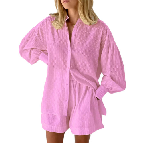 Pink Hollow-out Jacquard Long Sleeve Shirt with Shorts Set TQF711040-10