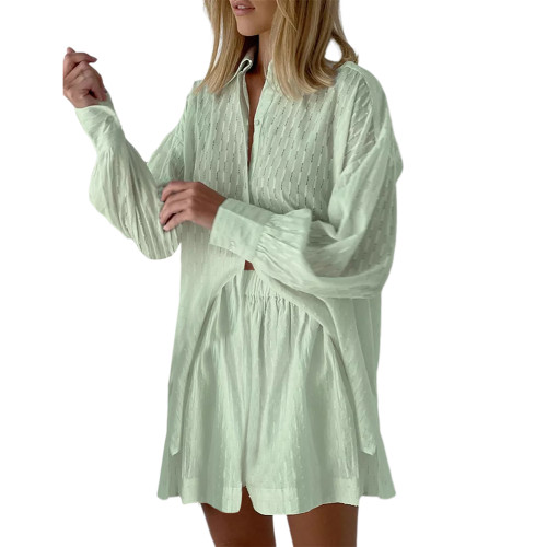 Green Hollow-out Jacquard Long Sleeve Shirt with Shorts Set TQF711040-9