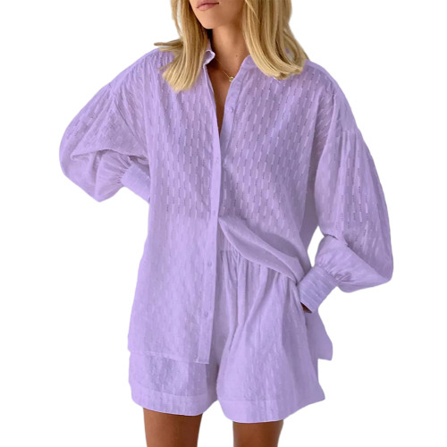 Purple Hollow-out Jacquard Long Sleeve Shirt with Shorts Set TQF711040-8