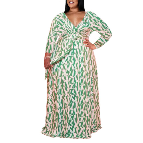 Green Printed Long Sleeve V Neck Plus Size Dress TQK311246-9