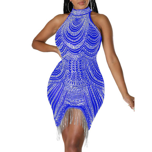 Blue Halter Rhinestone Tasseled Bodycon Dress TQK311239-5