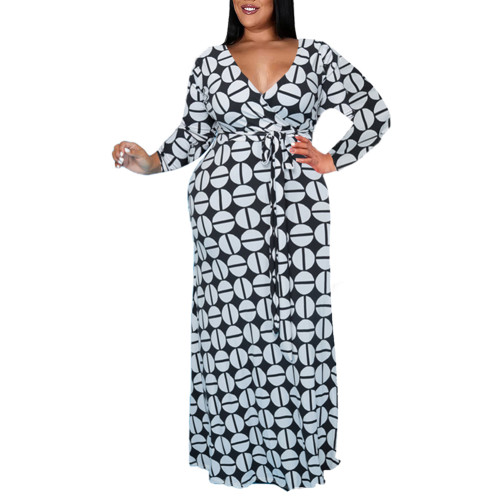 Black White Printed Long Sleeve V Neck Plus Size Dress TQK311246-37