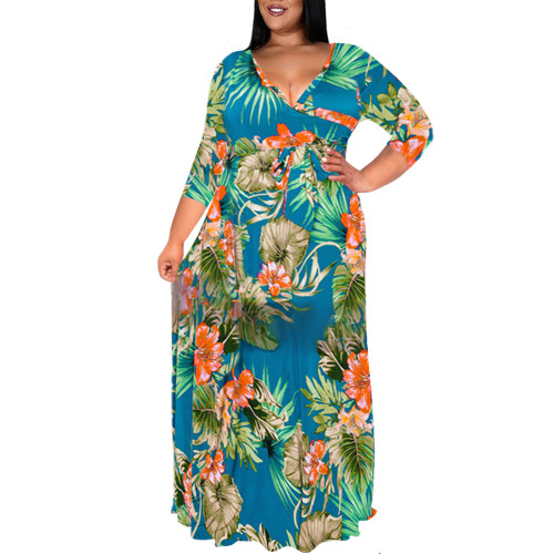 Aquamarine Blue Floral Print 3/4 Sleeve V Neck Plus Size Dress TQK311245-45