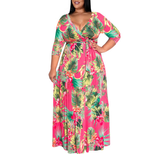 Rosy Floral Print 3/4 Sleeve V Neck Plus Size Dress TQK311245-6