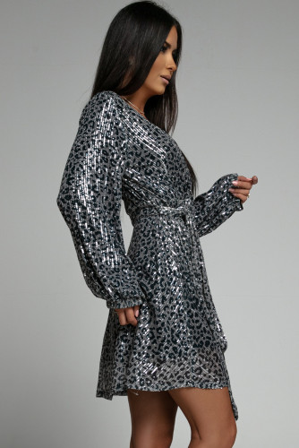 Gray Leopard Sequins V Neck Wrap Dress with Tie LC6111427-11