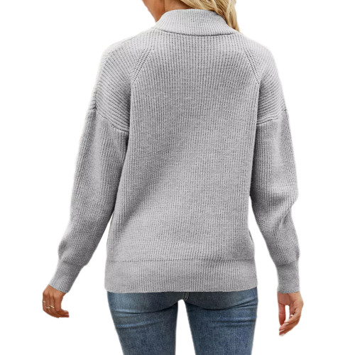 Gray Zipper Lapel Collar Long Sleeve Sweater TQV270047-11