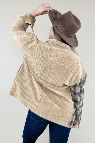 Khaki Plus Size Washed Cord Plaid Shirt PL255021-16