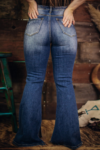 Blue Plus Size Distressed Slit Leg Flared Jeans PL787040-5