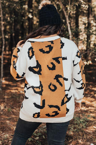 Orange Leopard Print Colorblock Drop Shoulder Plus Size Sweater PL272077-14