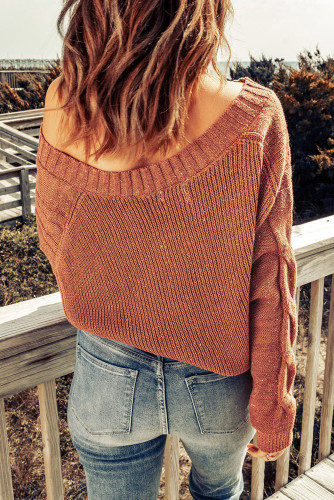 Brown Loose Fit Knit V Neck Cropped Sweater LC2722621-17
