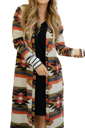 Green Geometric Color Block Open Front Long Cardigan LC2541413-9