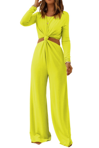 Yellow Cut Out Knotted Long Sleeve Wide Leg Jumpsuit LC6411464-7