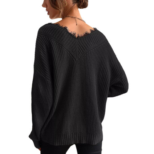 Black Splicing Lace V Neck Knit Sweater TQF270091-2