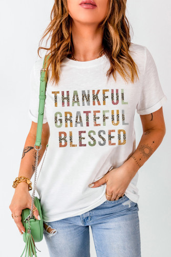 White Leopard Patchwork Thankful Grateful Blessed Graphic T Shirt LC25218914-1