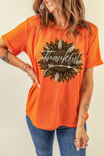 Orange Thankful Sunflower Graphic Print Short Sleeve T Shirt LC25218918-14