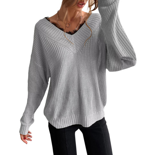 Light Gray Splicing Lace V Neck Knit Sweater TQF270091-25