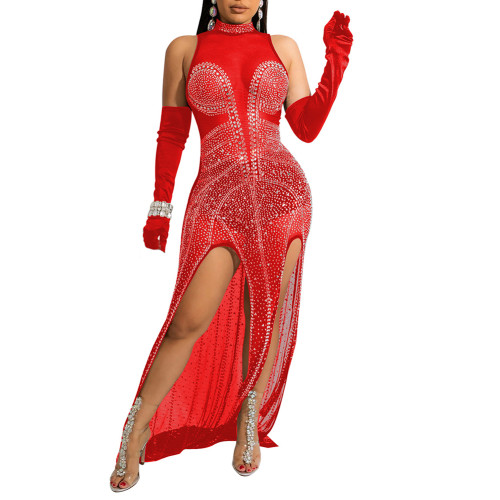 Red Rhinestones Mesh Stand Neck Party Dress  TQK311258-3