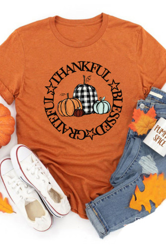 Orange Thankful Blessed Grateful Pumpkin Print Graphic T Shirt LC25218920-14