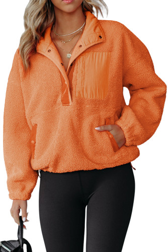 Orange Half Button Pocketed Fleece Pullover Sweatshirt LC25312157-14