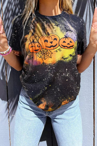 Black Halloween Pumpkin Face Bat Bleached T-Shirt LC25218592-2