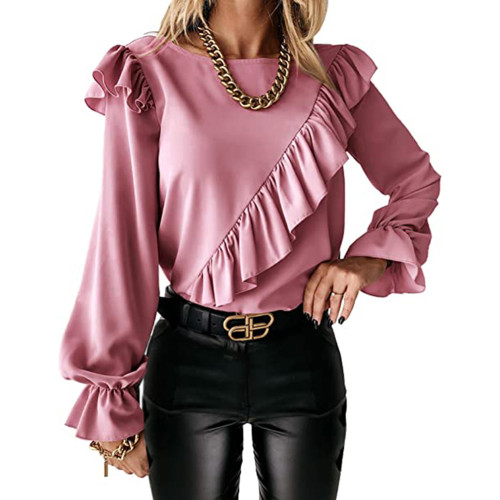 Pink Ruffled Detail Long Sleeve Tops  TQV220100-10