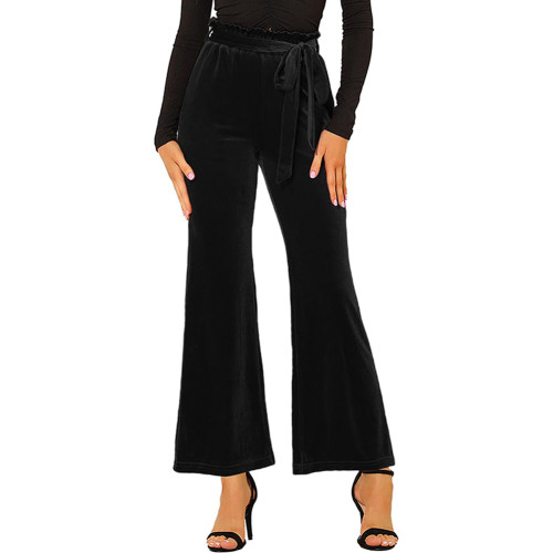 Black Elastic High Waist Pocket Pants with Belt TQV510041-2