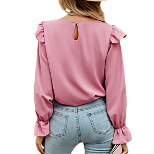 Pink Ruffled Detail Long Sleeve Tops  TQV220100-10