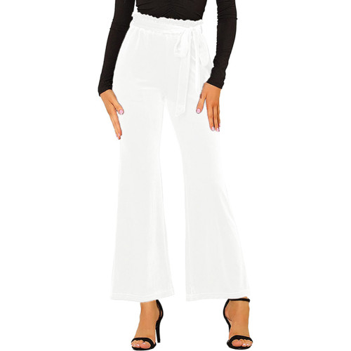 White Elastic High Waist Pocket Pants with Belt TQV510041-1