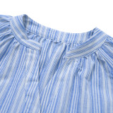 Blue Striped Print V Neck Button Shirt TQV220104-5