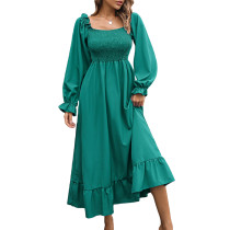 Green Pleated Square Neck Ruffled Casual Dress TQK311220-9