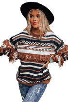 Multicolor Round Neck Striped Sweater with Fringe LC2722403-22